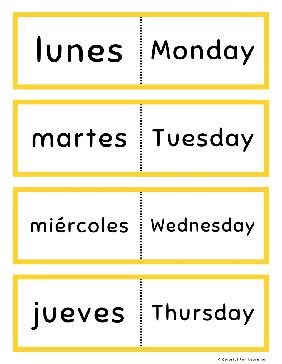 Spanish-English flashcards, yellow set 1–4: lunes (Monday), martes (Tuesday), miércoles and jueves.
