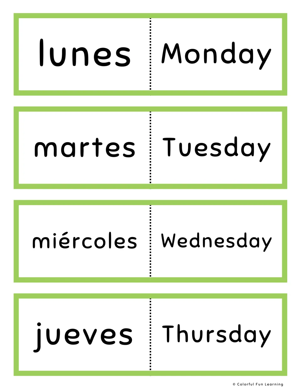 Spanish-English flashcards, green set 1–4: lunes (Monday), martes (Tuesday), miércoles and jueves.