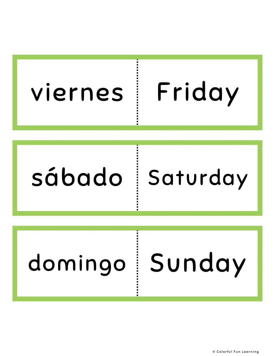 Spanish-English flashcards, green set 5–7: viernes (Friday), sábado (Saturday) and domingo (Sunday).