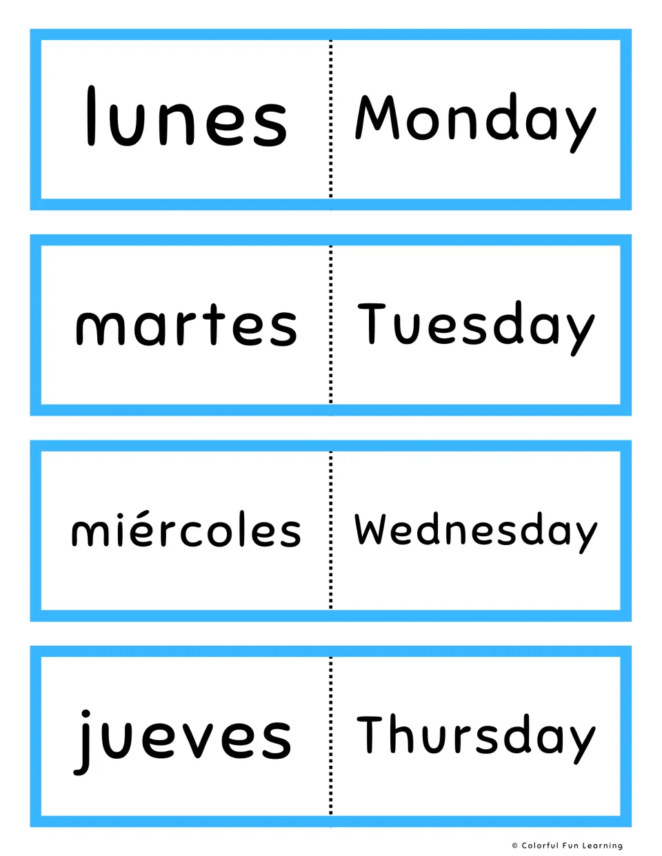 Spanish-English flashcards, blue set 1–4: lunes (Monday), martes (Tuesday), miércoles and jueves.