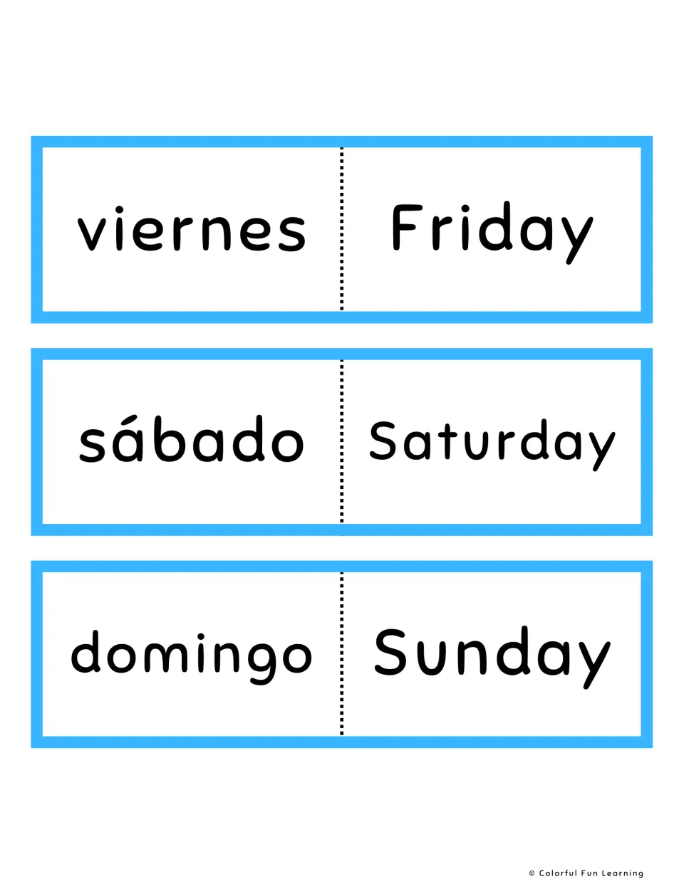 Spanish-English flashcards, blue set 5–7: viernes (Friday), sábado (Saturday) and domingo (Sunday).