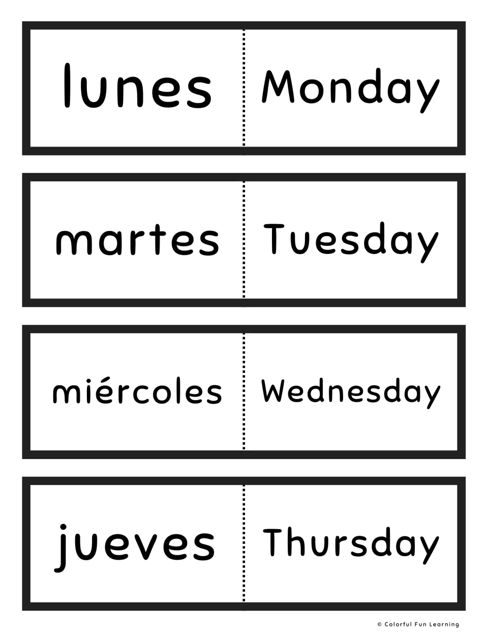 Spanish day names lunes, martes, miércoles and jueves on fold-over cards; students match each to Monday through Thursday