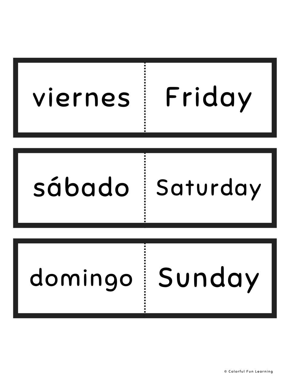 Spanish day names viernes, sábado and domingo on fold-over cards, each paired with Friday, Saturday or Sunday in English