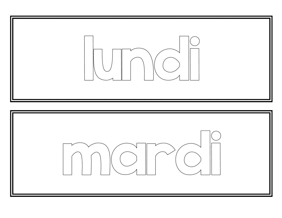 French day labels lundi and mardi in large outlined letters, black and white so students can color them before display
