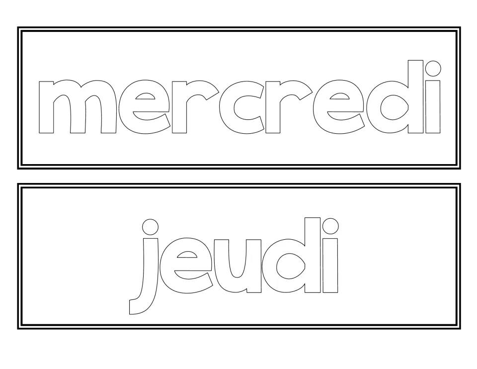 French weekday labels mercredi and jeudi in hollow outline lettering, ready for students to color in and post