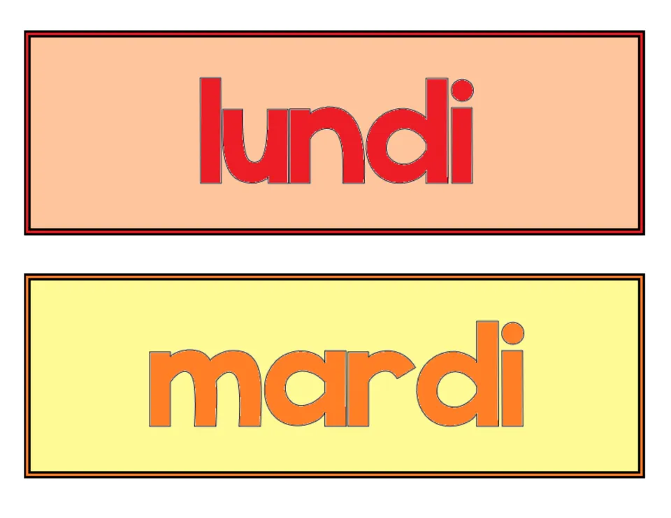 Full-color French labels: lundi in red letters on peach and mardi in orange letters on pale yellow, ready to display