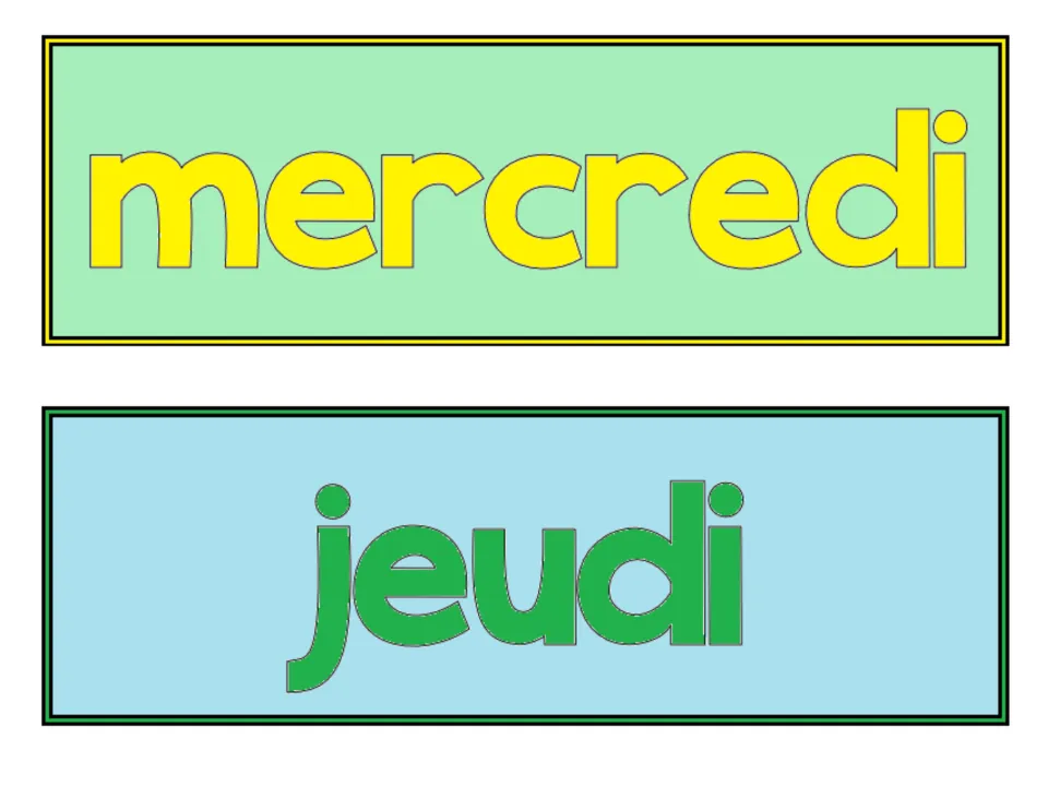 Colored French weekday labels: mercredi in yellow letters on mint green and jeudi in green letters on light blue
