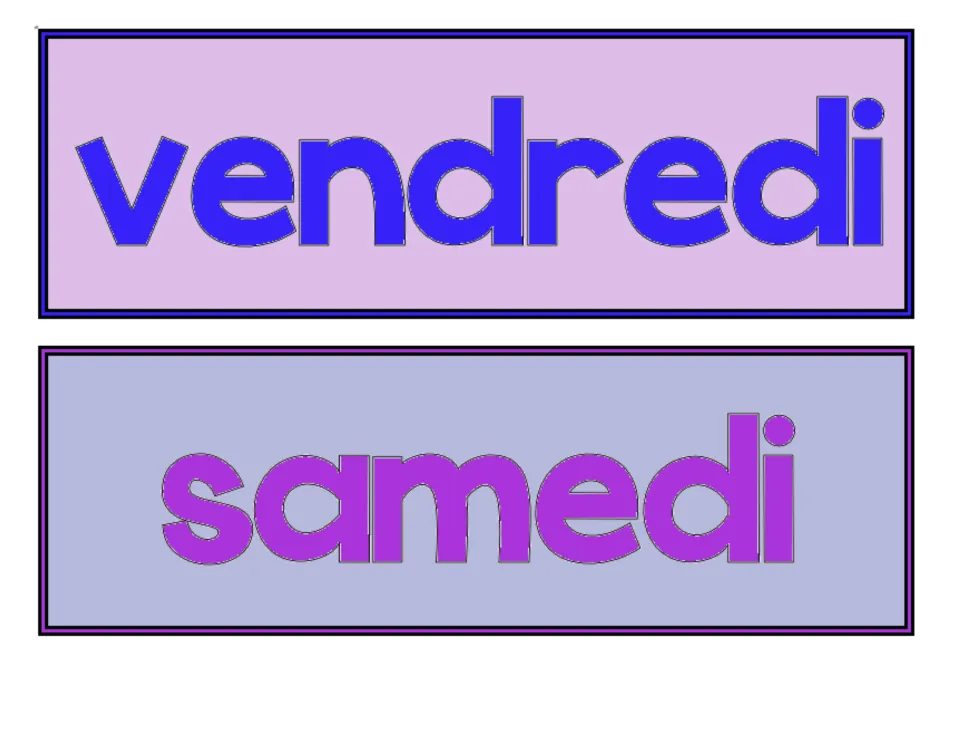 Colored French labels for Friday and Saturday: vendredi in blue on lavender and samedi in purple on periwinkle