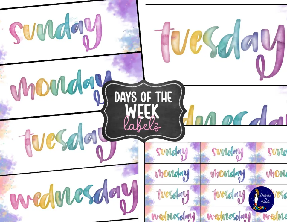 Cover: days of the week labels in rainbow watercolor script, shown as large banners and a sheet of small cards