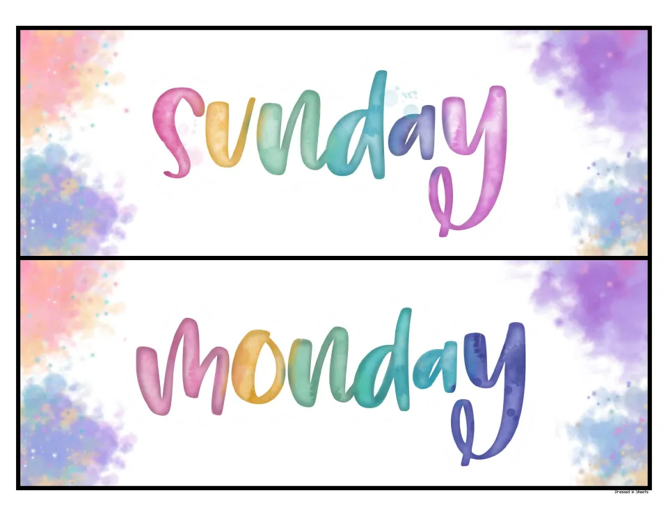 Sunday and Monday header labels in pastel watercolor hand lettering, two large landscape cards to print and cut