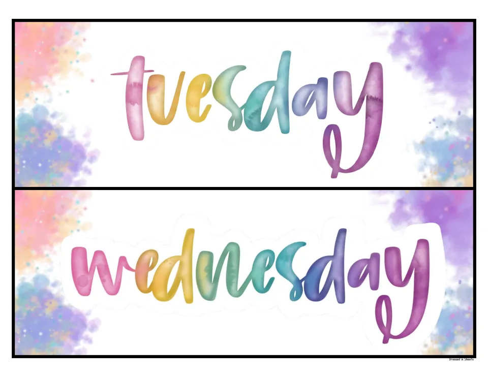 Tuesday and Wednesday header labels in rainbow watercolor script with purple and peach paint splashes at the edges