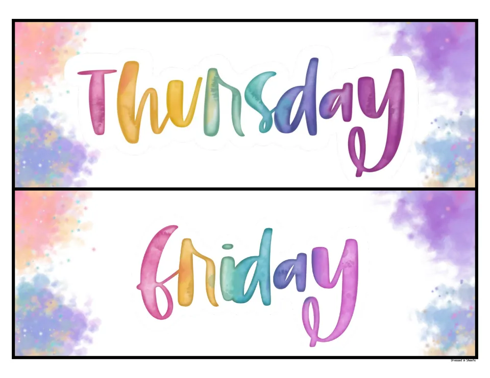 Thursday and Friday labels in rainbow watercolor lettering, two large cards for a calendar or schedule display