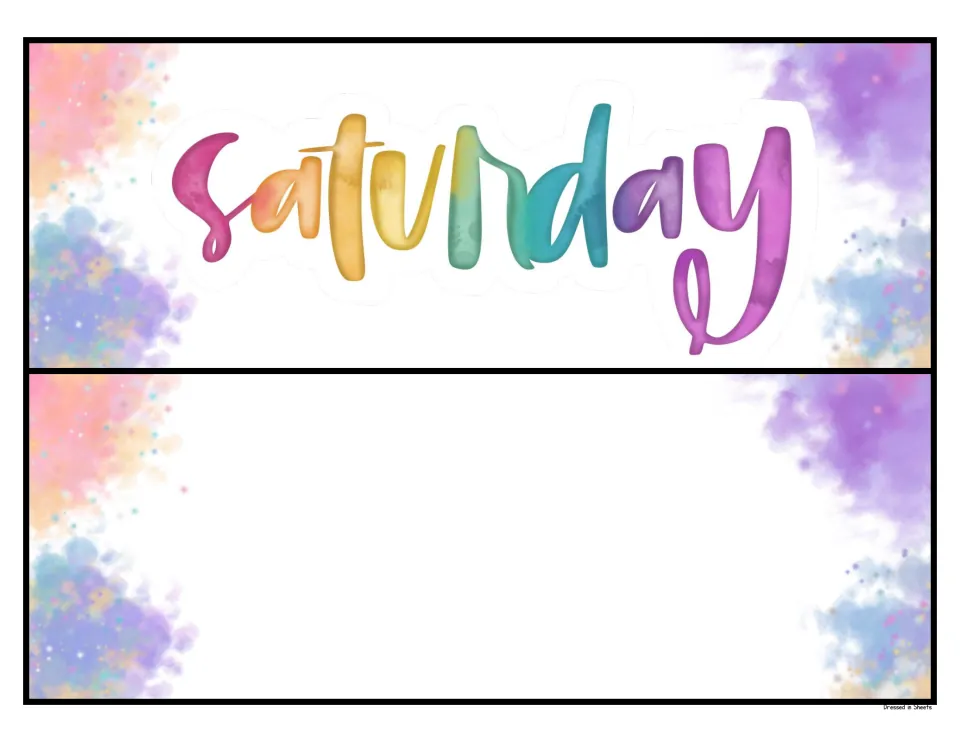 Saturday label in rainbow watercolor script, paired with a matching blank card that has no day name printed on it