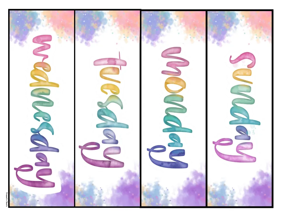 Vertical day labels for Sunday, Monday, Tuesday and Wednesday, printed sideways on four tall watercolor strips