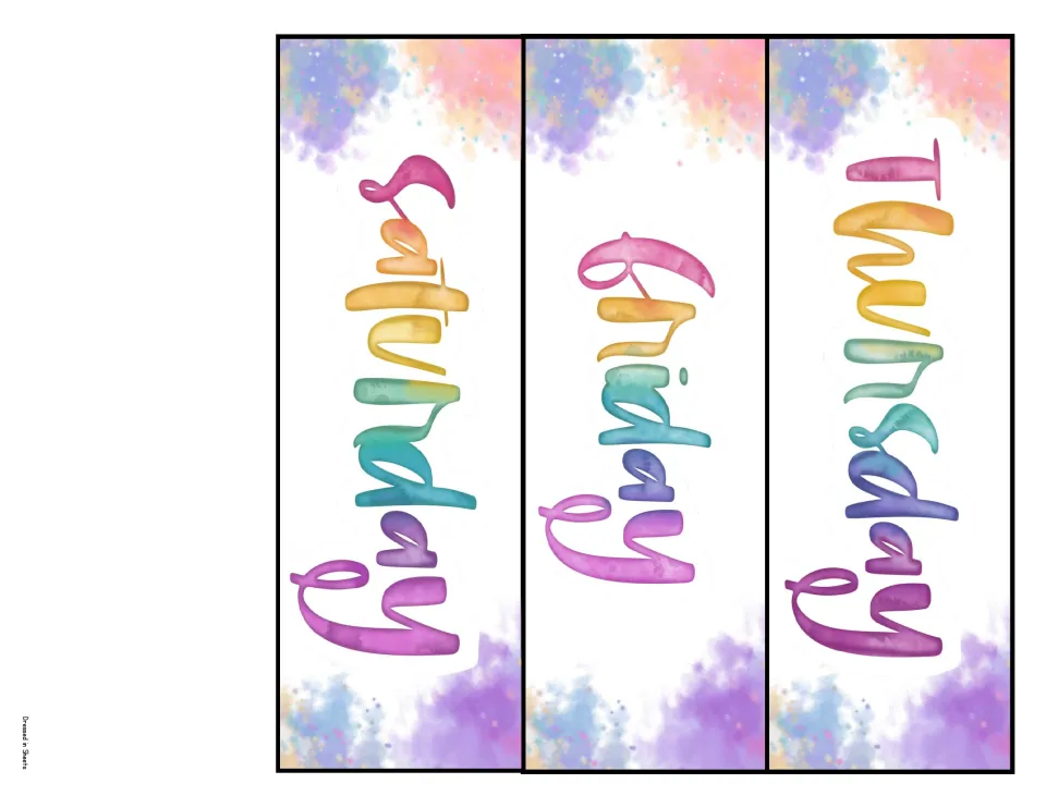 Vertical day labels for Thursday, Friday and Saturday on three tall watercolor strips, completing the week set