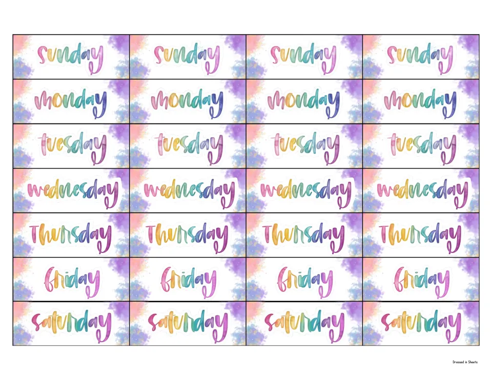 Small day-name cards, Sunday through Saturday, with each of the seven days repeated four times in watercolor script