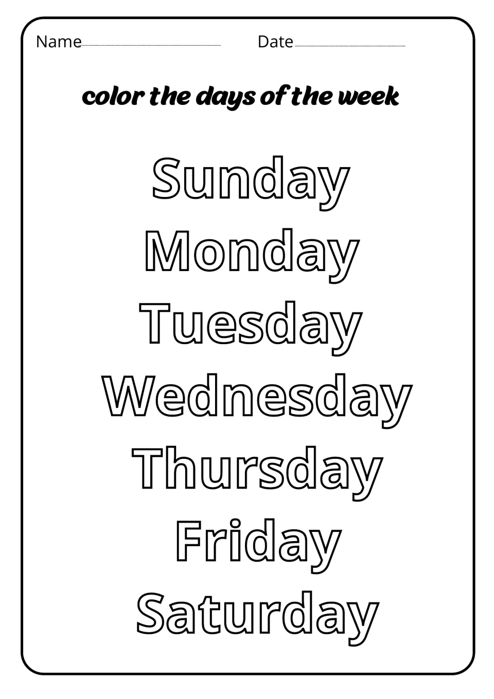 Color the days of the week: students color large outlined letters spelling each day name from Sunday to Saturday