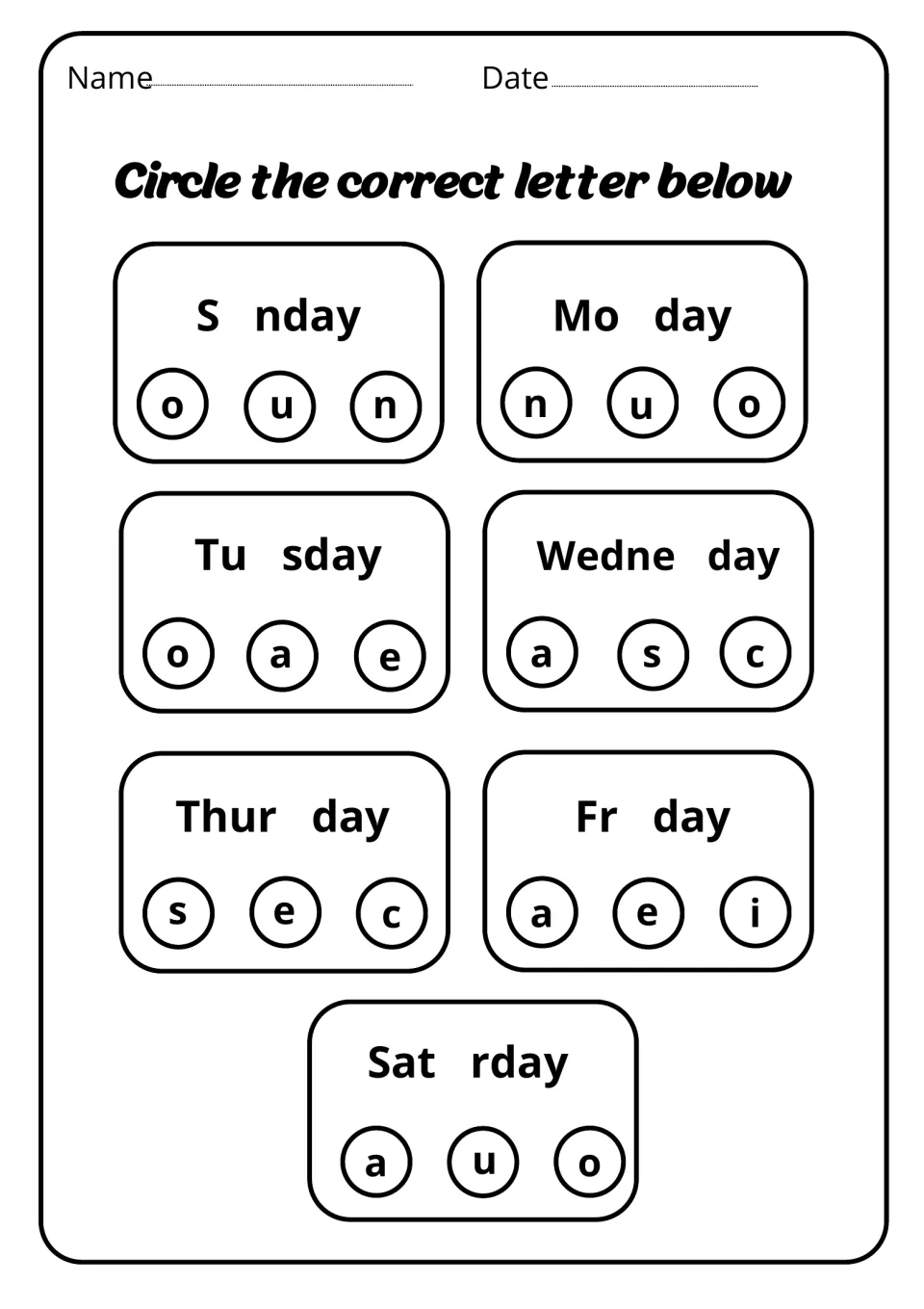 Missing letters in weekday names: students circle the correct letter from three choices to complete each day, like S_nday
