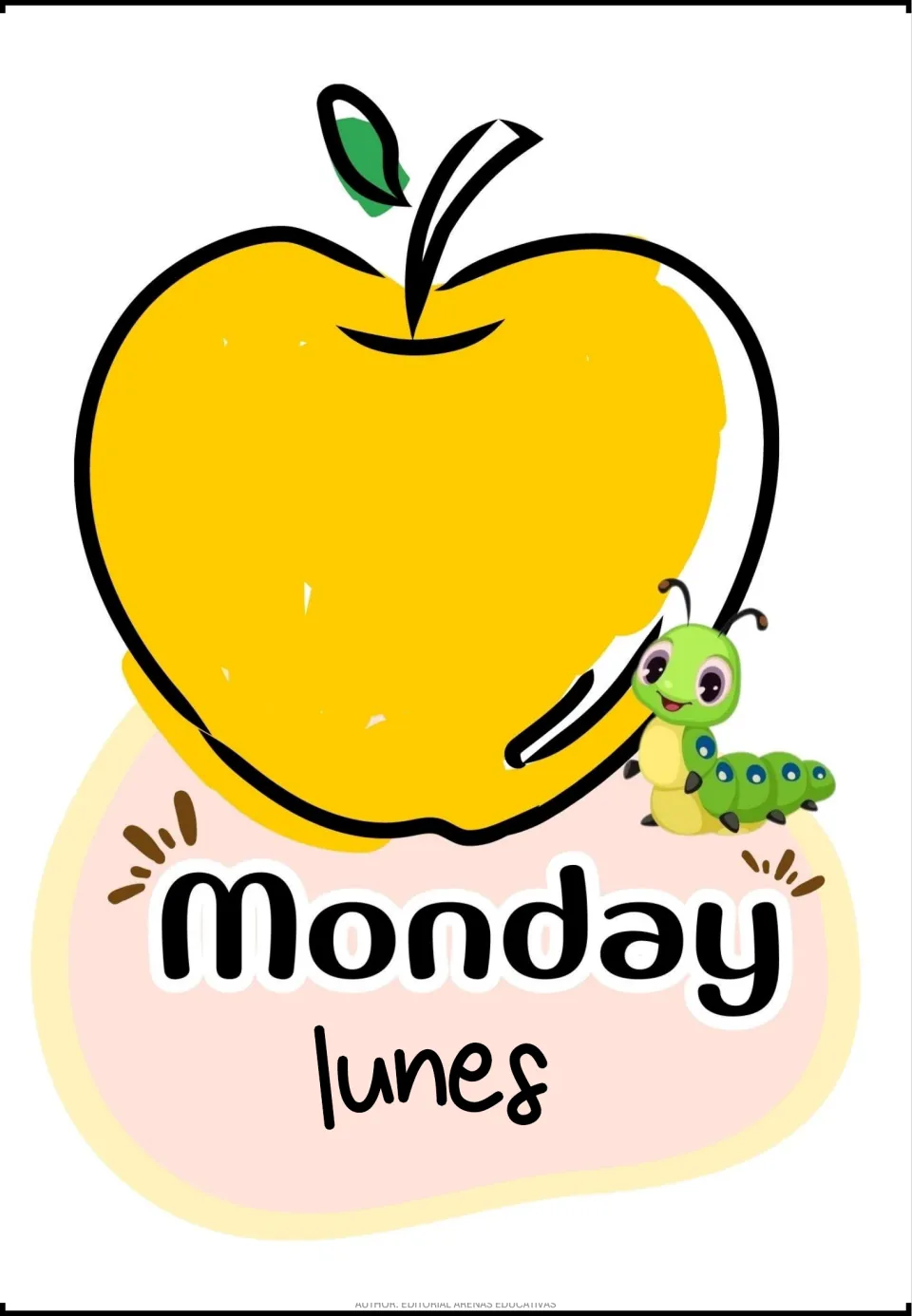 Monday poster pairing the English word with Spanish lunes under a big yellow apple and a smiling green caterpillar