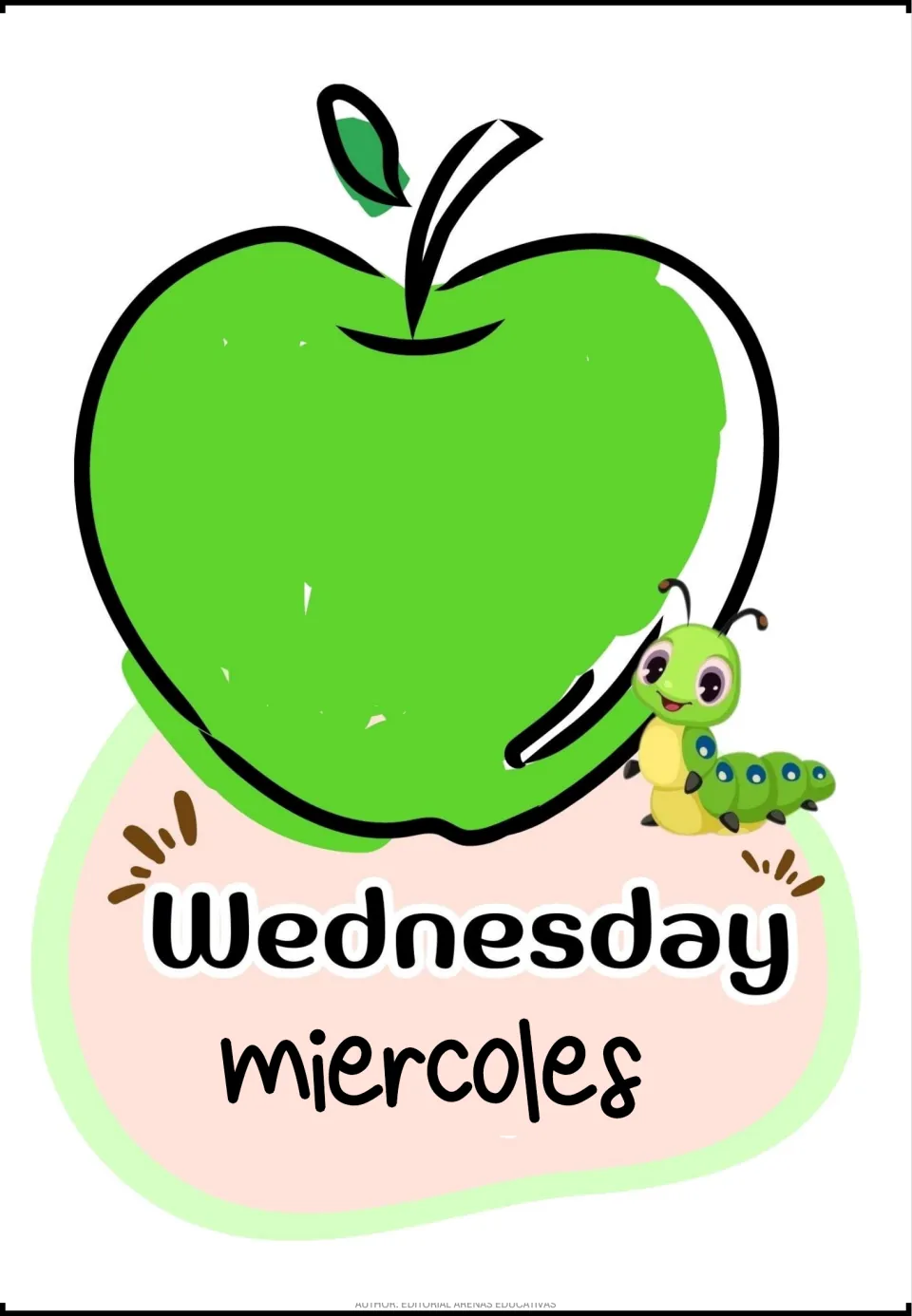 Wednesday labeled miercoles in Spanish beneath a bright green apple with a caterpillar, for midweek vocabulary