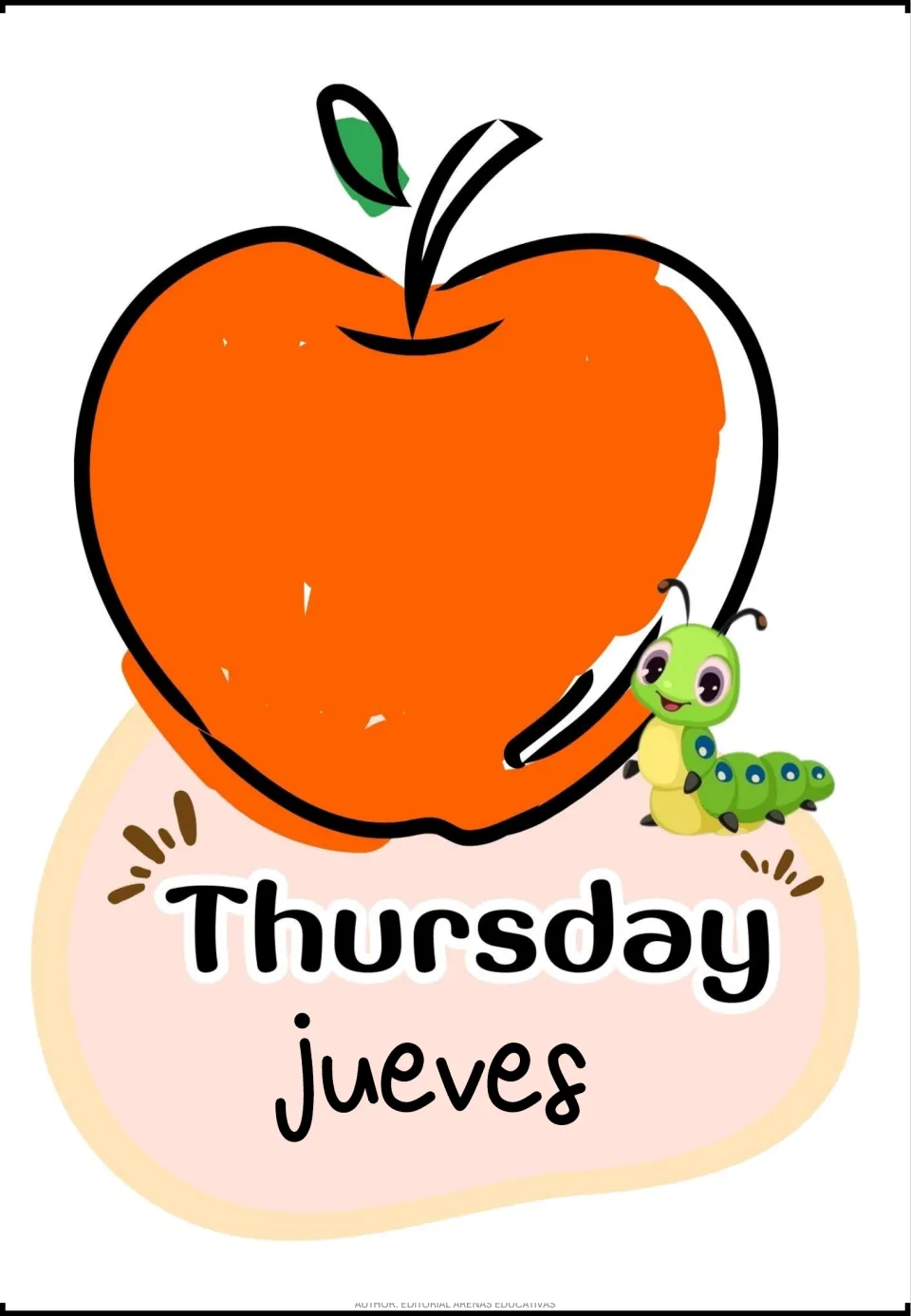Thursday translated as jueves on an orange apple poster with a cheerful caterpillar, for word recognition