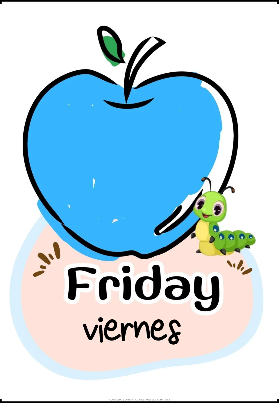 Friday shown with its Spanish name viernes below a light blue apple and a little green caterpillar for day-name practice