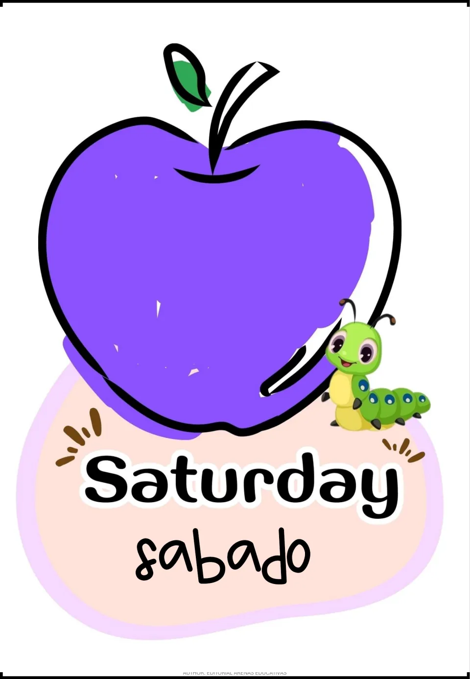 Saturday paired with sabado in Spanish on a purple apple design with a caterpillar, introducing weekend words