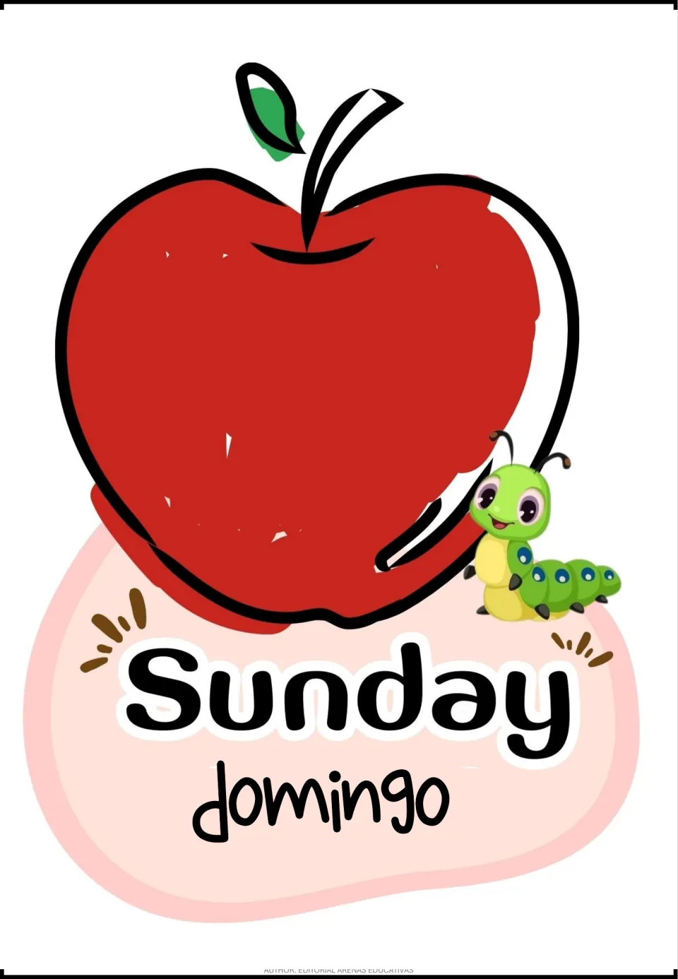 Sunday with the Spanish word domingo under a red apple and a smiling caterpillar, completing the seven-day set