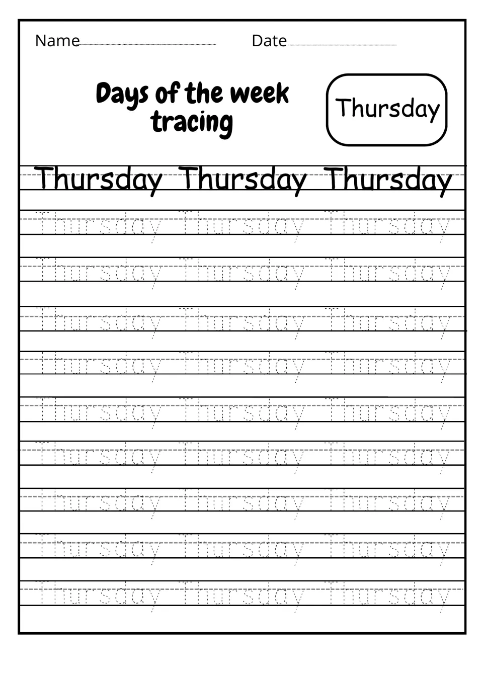 Thursday word tracing: children trace dotted Thursday 27 times, guided by three solid models of the day name