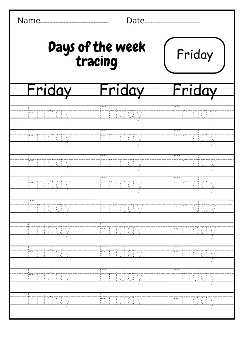 Friday handwriting page: students trace the dotted word Friday 27 times after reading three bold Friday examples at the top