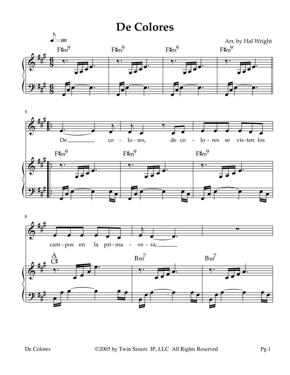 Opening score page: piano introduction and melody with Spanish lyrics about fields in spring, plus chords