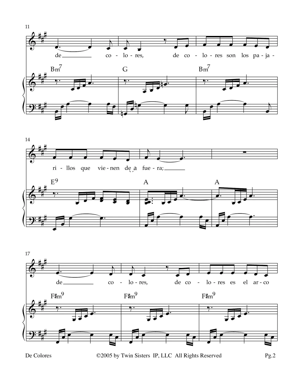 Score continuation: bird verse and start of the rainbow verse, with Spanish lyrics, piano and chords