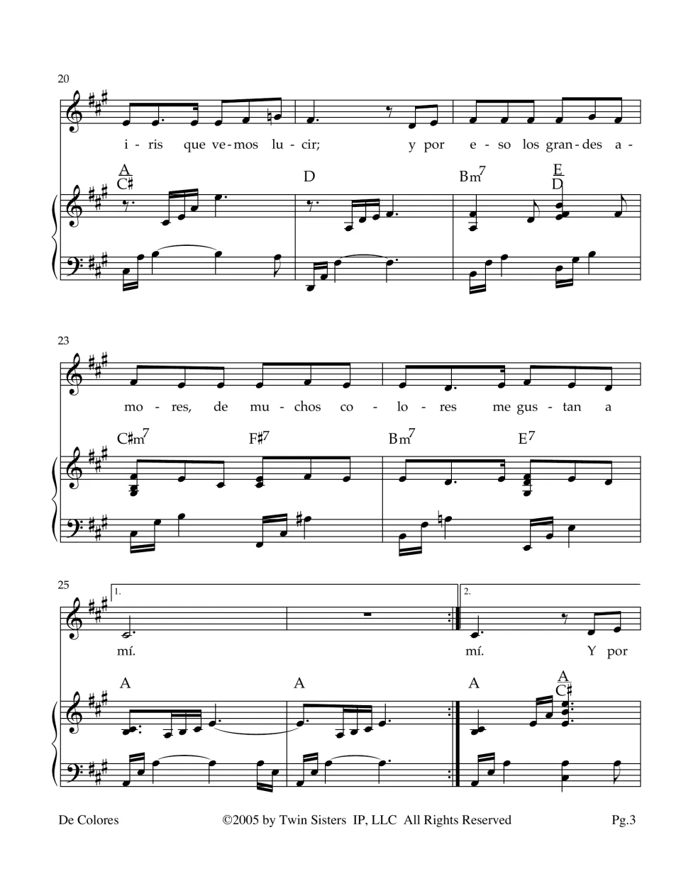 Score continuation: Spanish lyrics about a rainbow and love of many colors, with first and second endings
