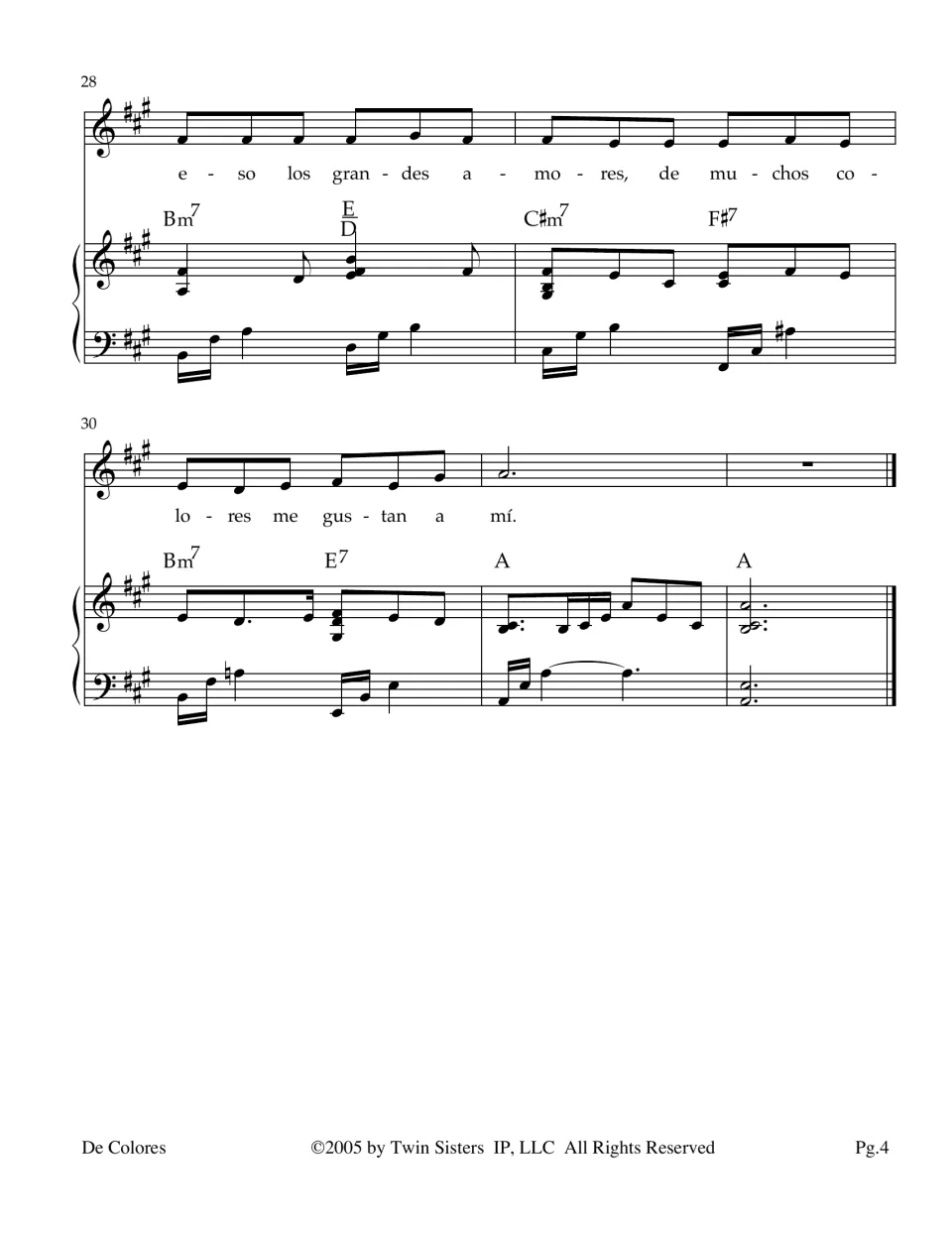 Final score page: repeated Spanish refrain about love of many colors, piano accompaniment and closing chords