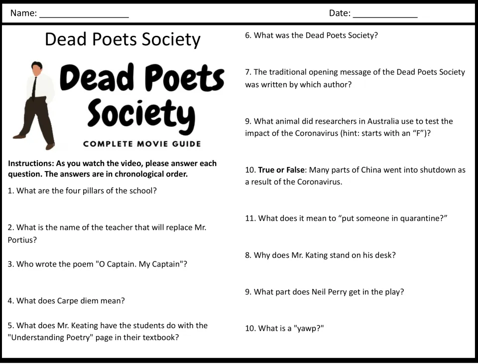 Movie guide questions 1–10 on school pillars, Keating, and poetry, plus three coronavirus questions.