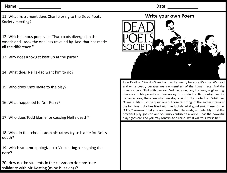 Movie guide questions 11–20 on Charlie, Knox, and Neil, plus a poem-writing prompt and a Keating quotation.
