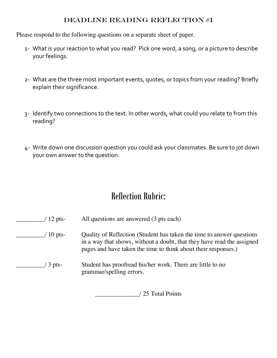 Reading Reflection #1 asks for reactions, significant events, text connections, and a discussion question