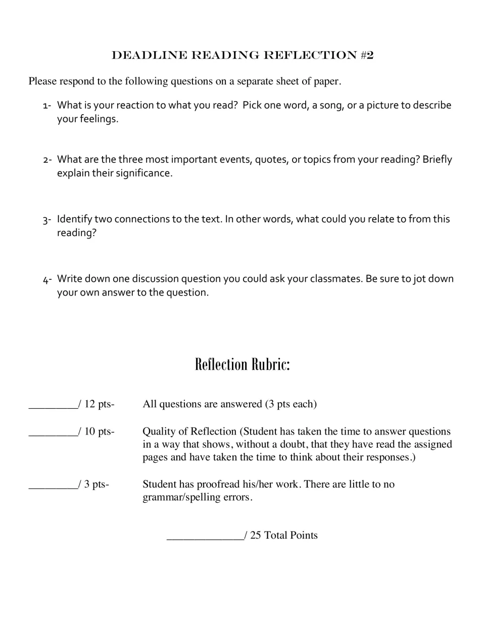 Reading Reflection #2 repeats four prompts on reactions, key events, connections, and a discussion question