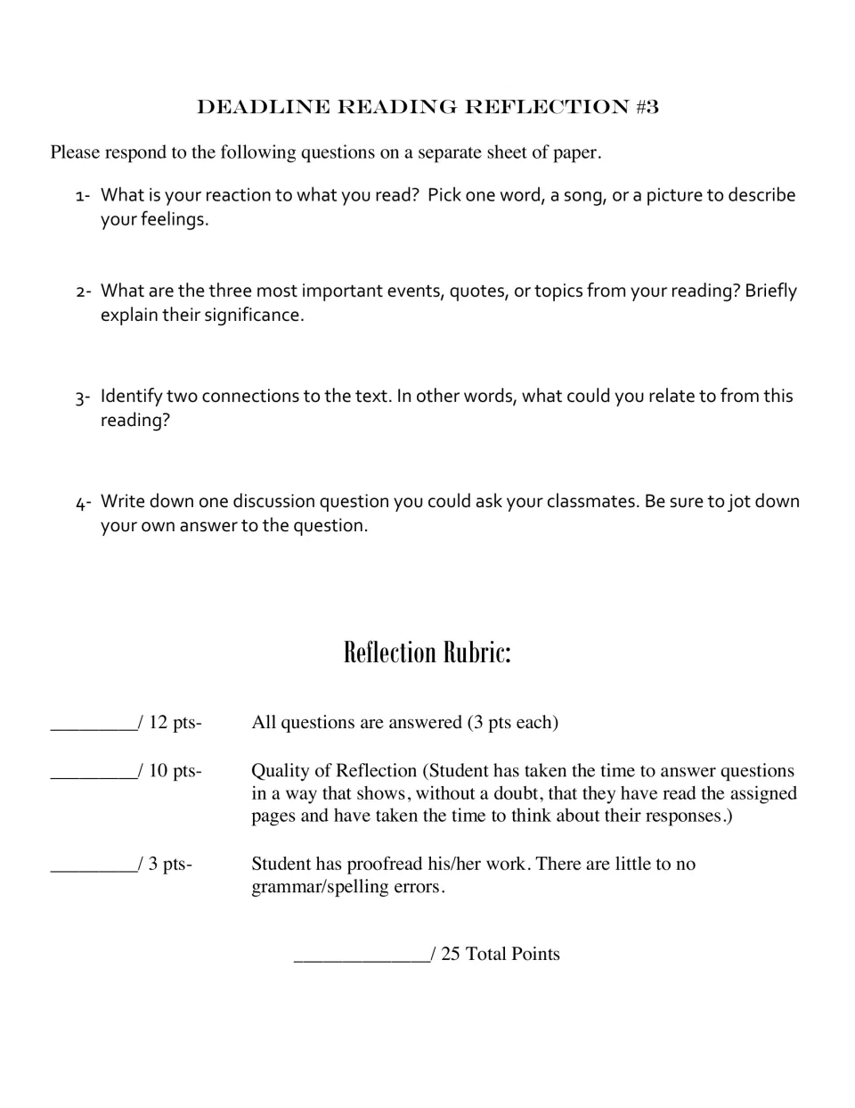 Reading Reflection #3 includes four response prompts and a rubric for completion, thought, and proofreading