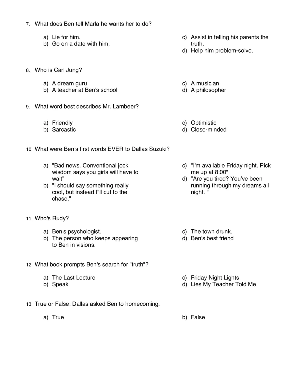 First reading quiz, questions 7–13: Marla, Carl Jung, Mr. Lambeer, Dallas Suzuki, Rudy, and Ben’s reading
