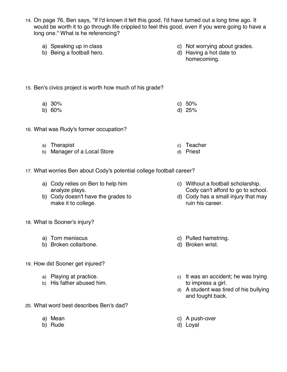 First reading quiz, questions 14–20: football, civics, Rudy’s former job, Cody, Sooner’s injury, and Ben’s dad
