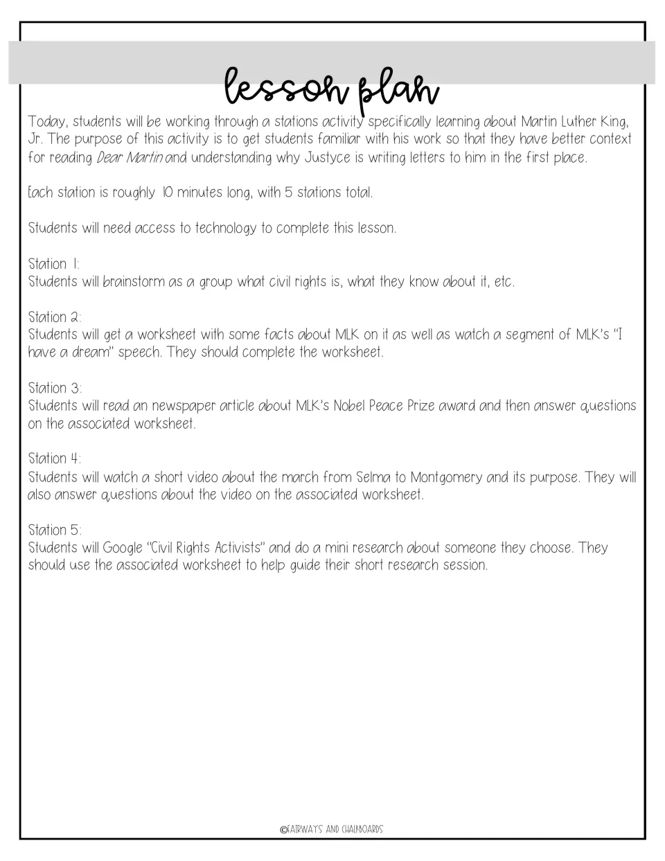 Lesson plan for five 10-minute stations on Martin Luther King Jr., giving context for Justyce's letters in Dear Martin