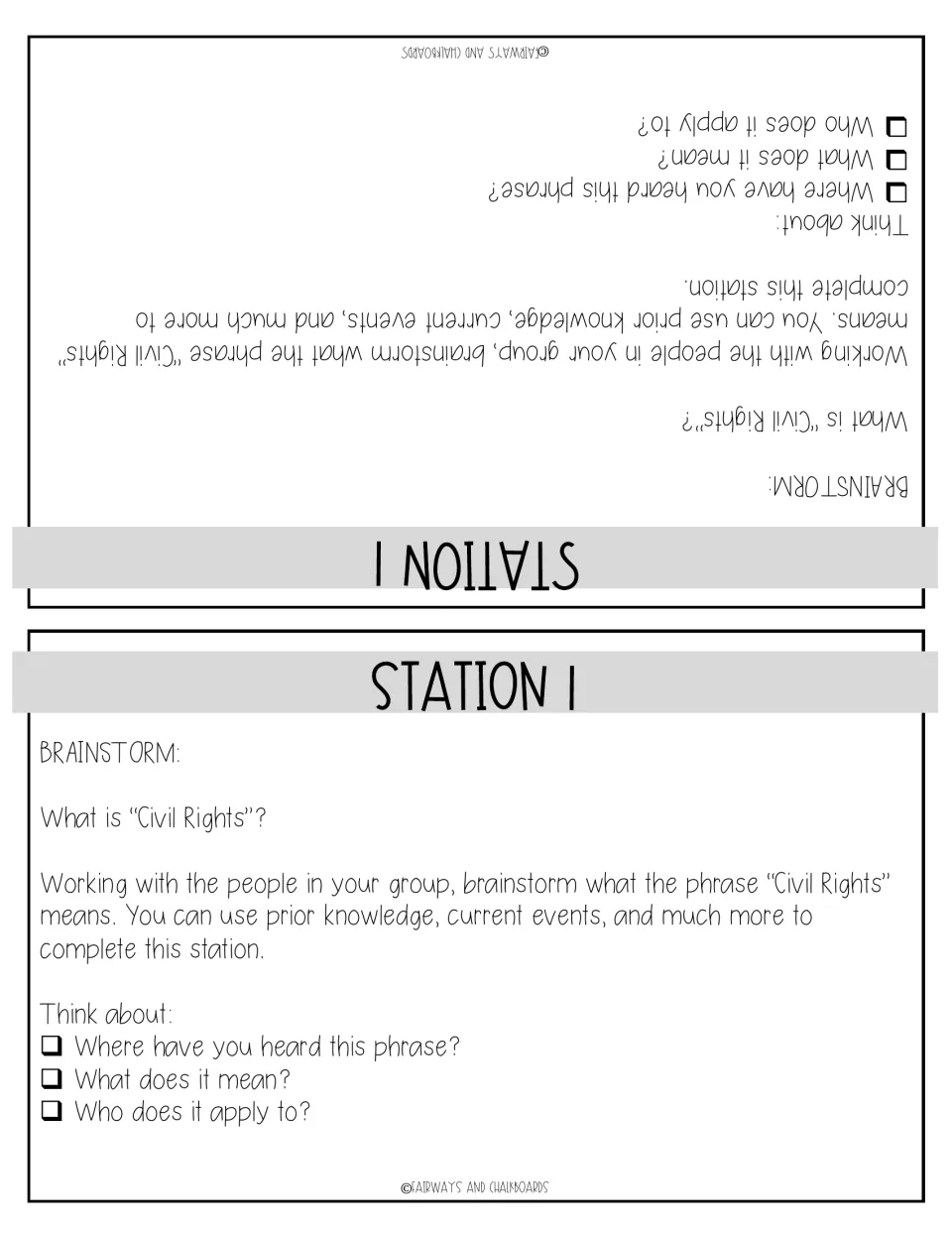Station 1 card: groups brainstorm what "Civil Rights" means, where they have heard it and who it applies to