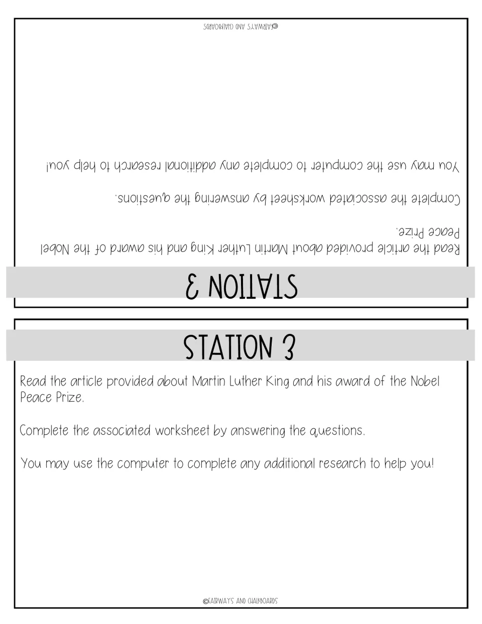 Station 3 card: students read an article on King's Nobel Peace Prize, answer the worksheet and may research online