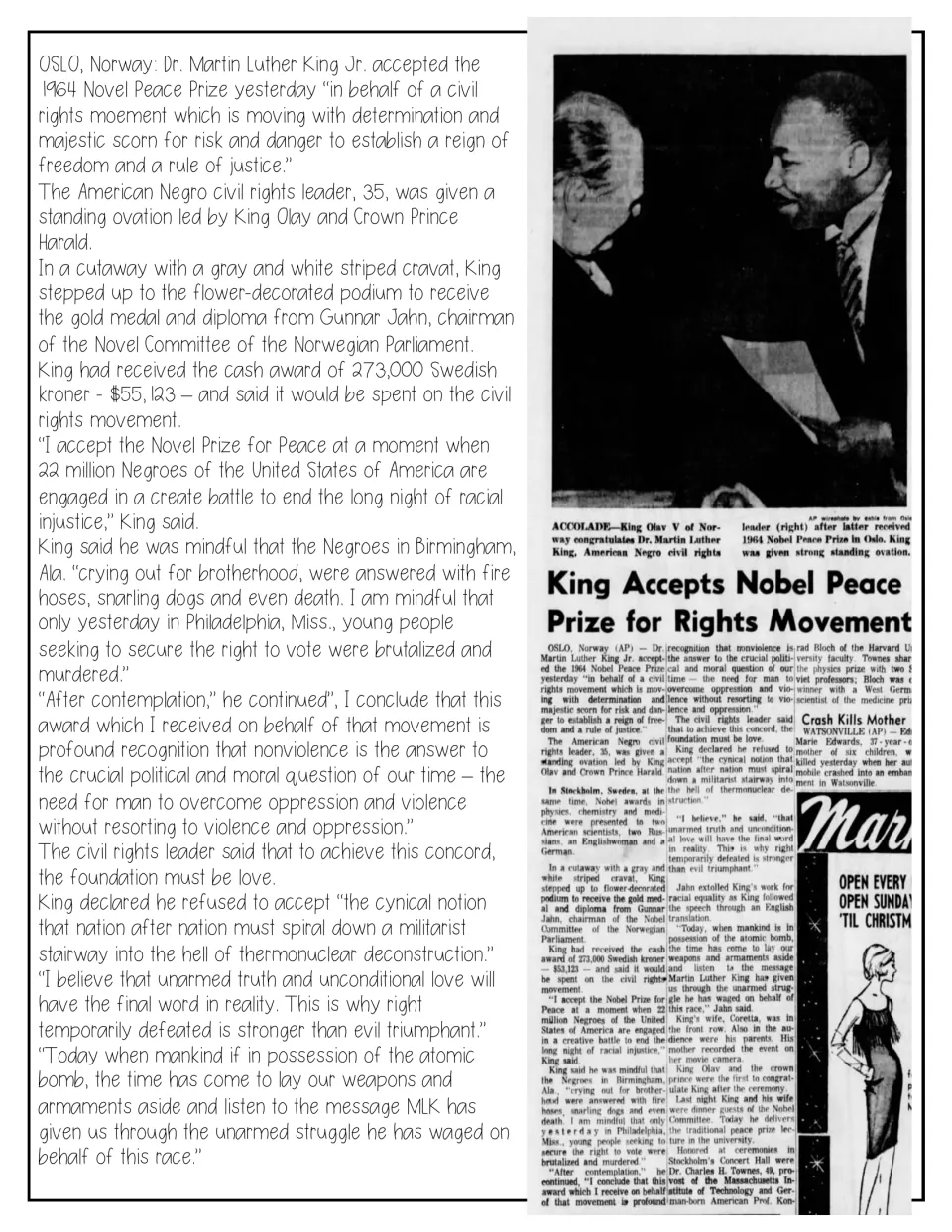 1964 Oslo news article on King accepting the Nobel Peace Prize, retyped for reading beside the original clipping