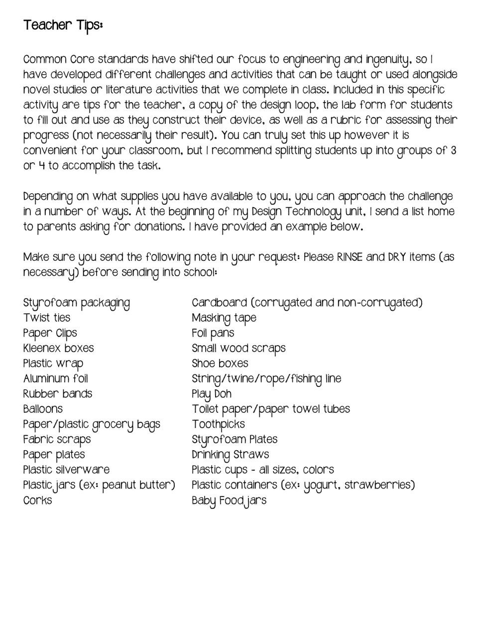 Teacher tips for the lunchbox STEM challenge explain grouping, assessment, and suggested donated supplies