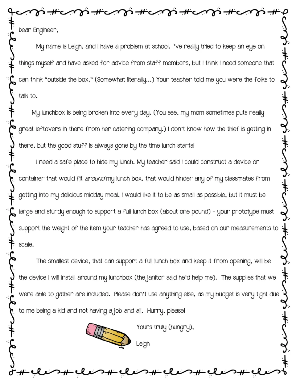 Student challenge letter from Leigh requests a small, sturdy device to keep his lunchbox from opening