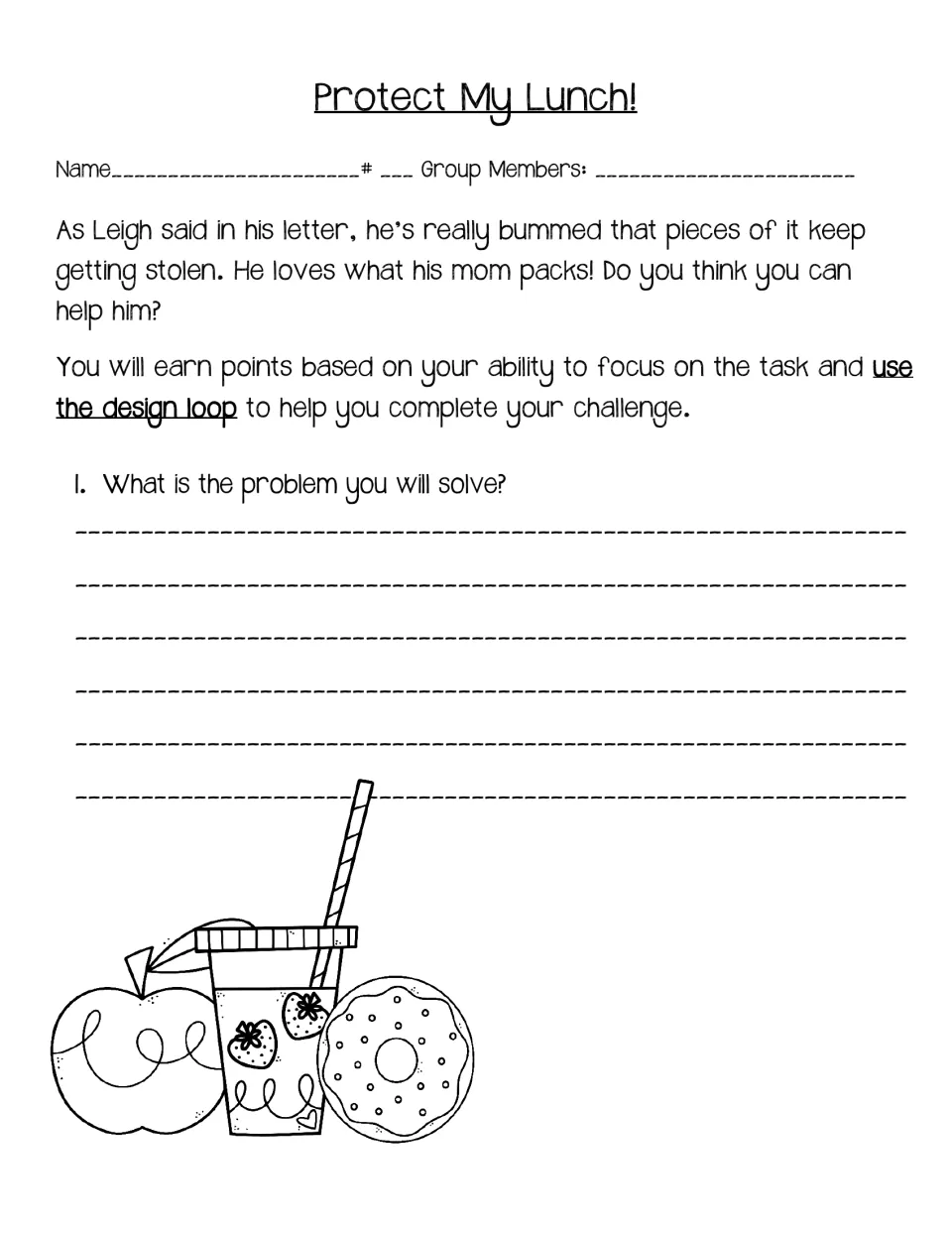 First student recording page asks students to define the lunchbox problem and use the design loop to solve it