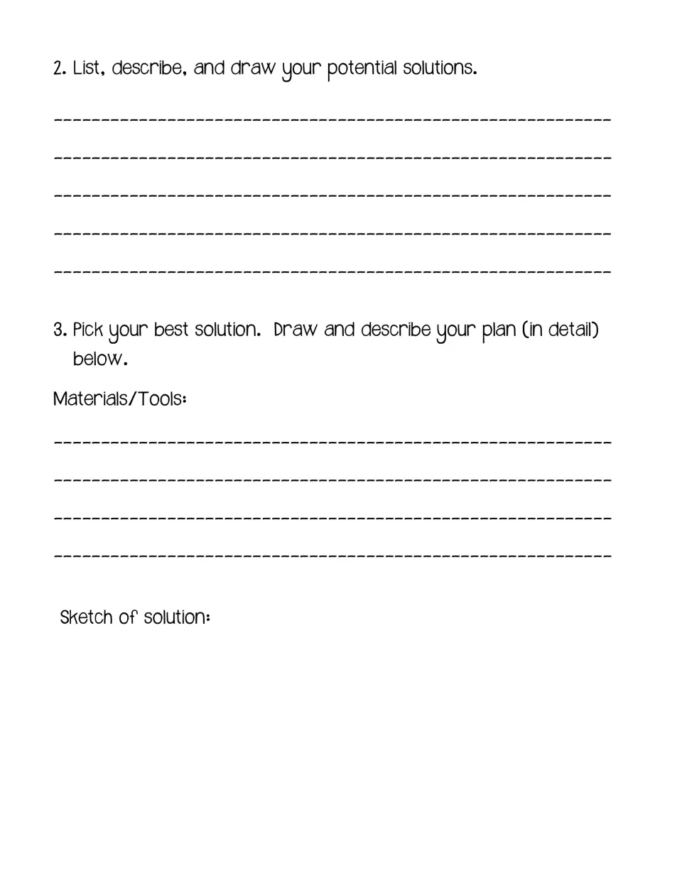Student planning page asks for potential solutions, a chosen design, materials and tools, and a detailed sketch