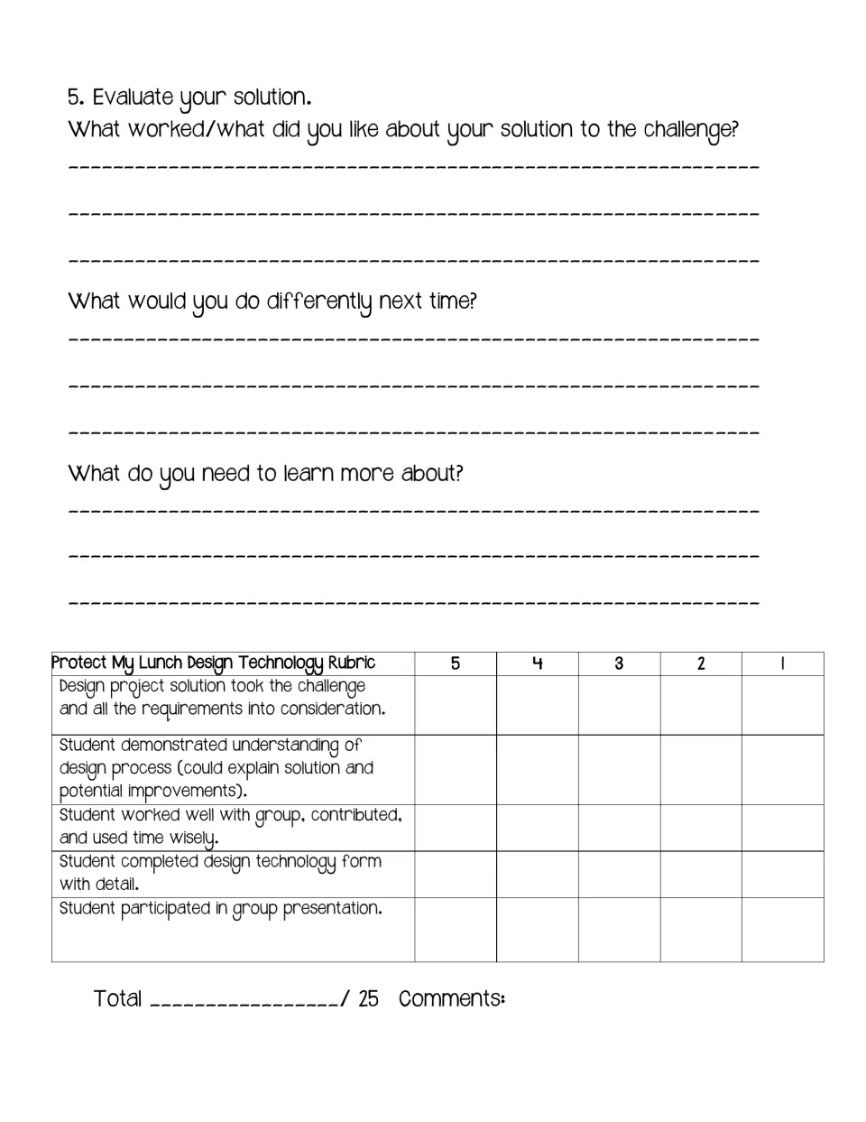 Student evaluation prompts ask what worked and what to improve, followed by a five-criterion, 25-point rubric